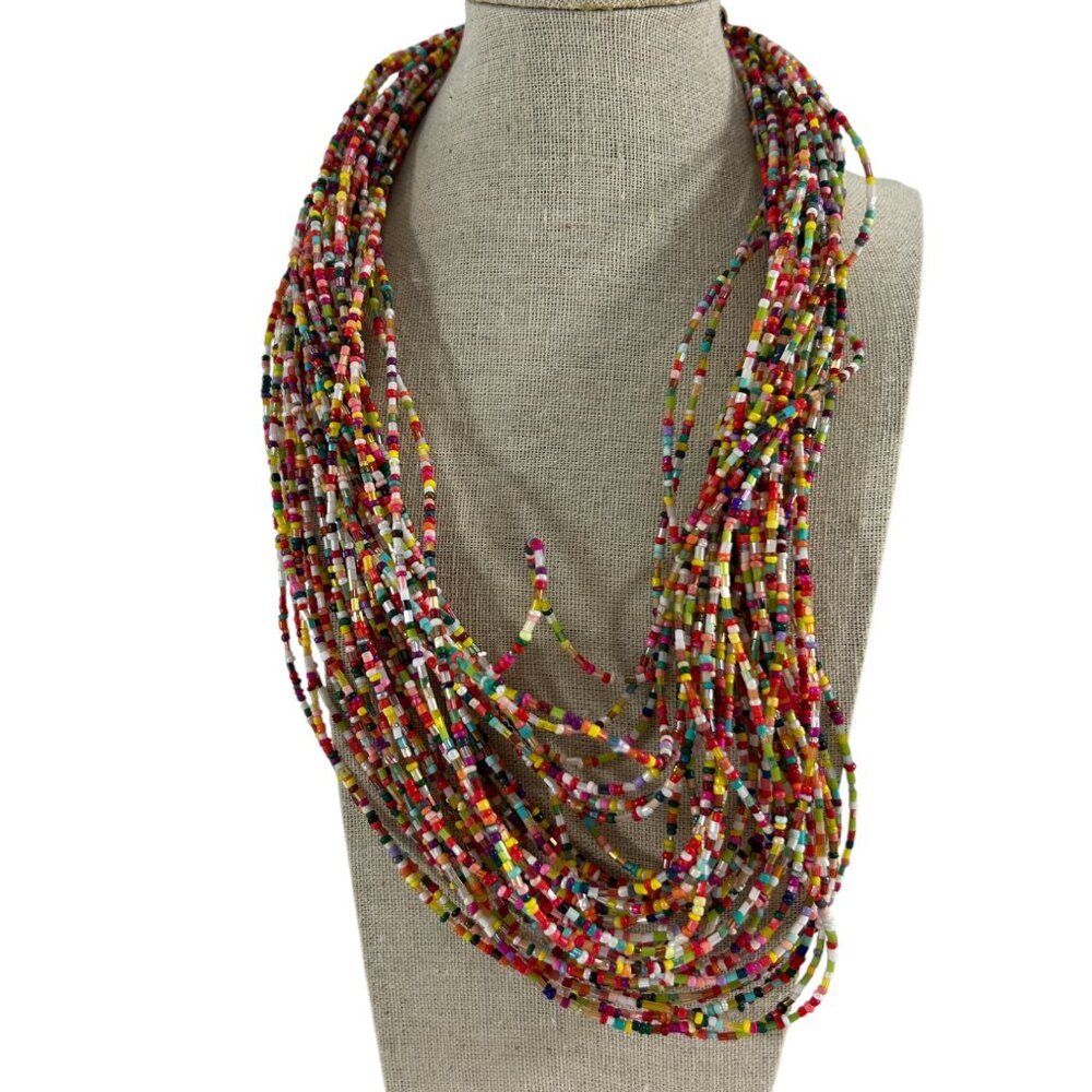 Multi Color Rainbow Seed Bead Multi Strand Statement Necklace Boho Layered